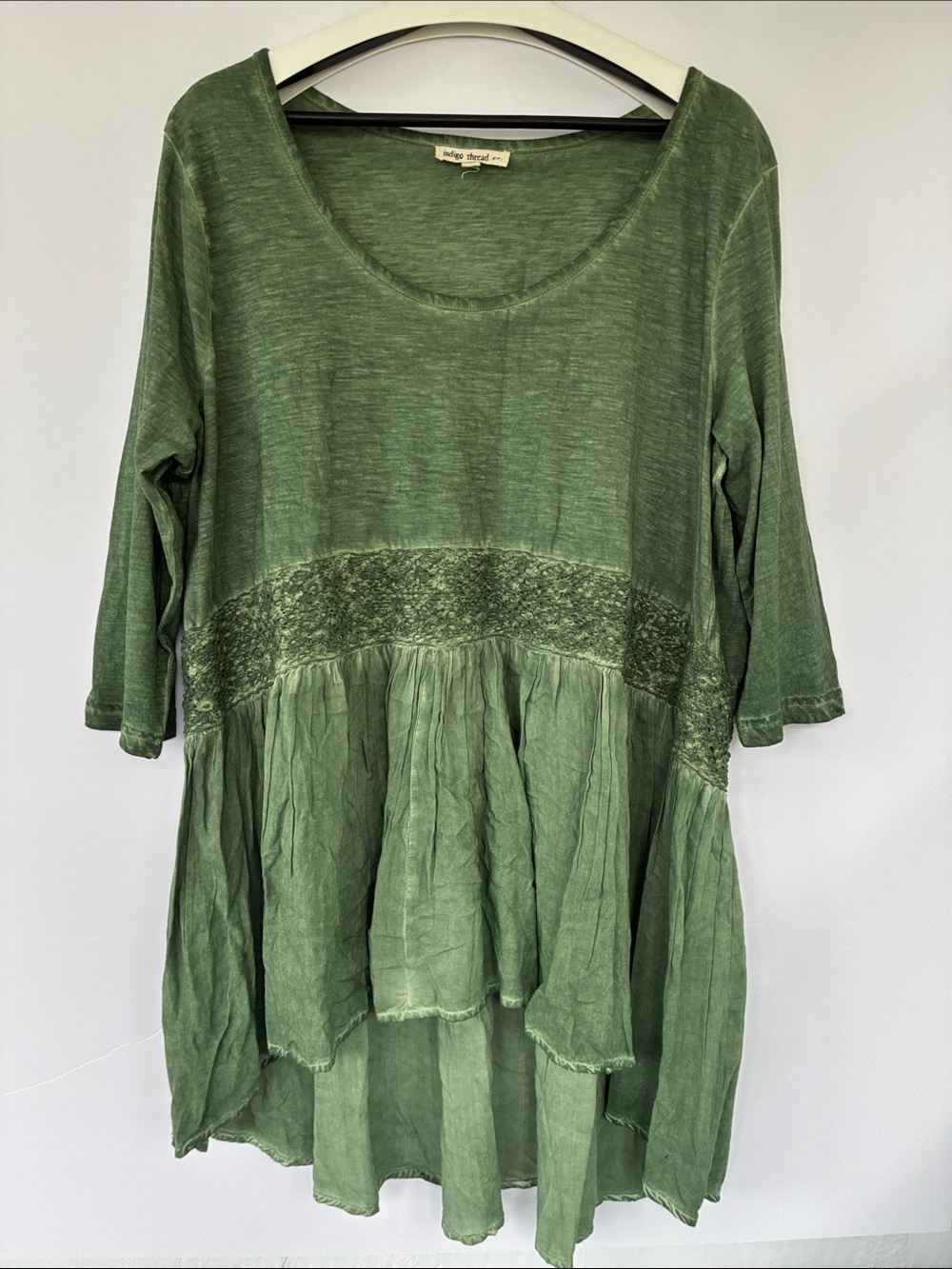 Indigo Thread Co Green Mineral Wash Boho Crochet Waist High Low Tunic Top XL